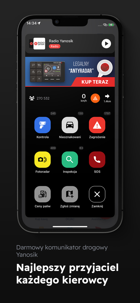Yanosik app dashboard displaying road safety alerts and radio features