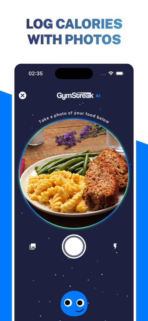 GymStreak AI mobile app screen showing how to log calories with a photo of food