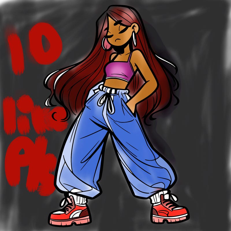 girl in baggy pants crop top and long hair