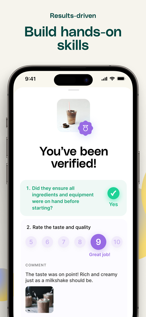 Opus Training - A screenshot of the Opus Training mobile app showing a completed skill verification screen with a quality rating and feedback for a hospitality employee.