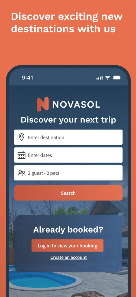 Suchmaske der NOVASOL-Ferienwohnungs-App mit Feldern für Reiseziel, Daten und Gästeanzahl