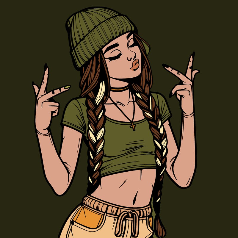 realistic teenage girl with braids and a beanie and crop top doing 🫶🏼