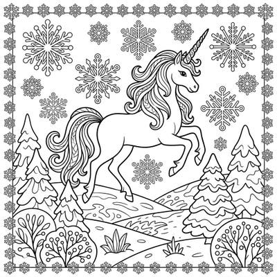 Bring a majestic unicorn to life amidst a whimsical winter landscape, complete with frosted trees and delicate snowflakes. This enchanting coloring page is perfect for young artists to express their creativity during the colder months.