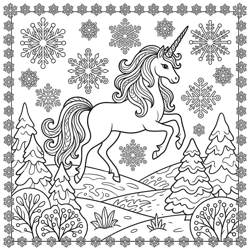 Bring a majestic unicorn to life amidst a whimsical winter landscape, complete with frosted trees and delicate snowflakes. This enchanting coloring page is perfect for young artists to express their creativity during the colder months.