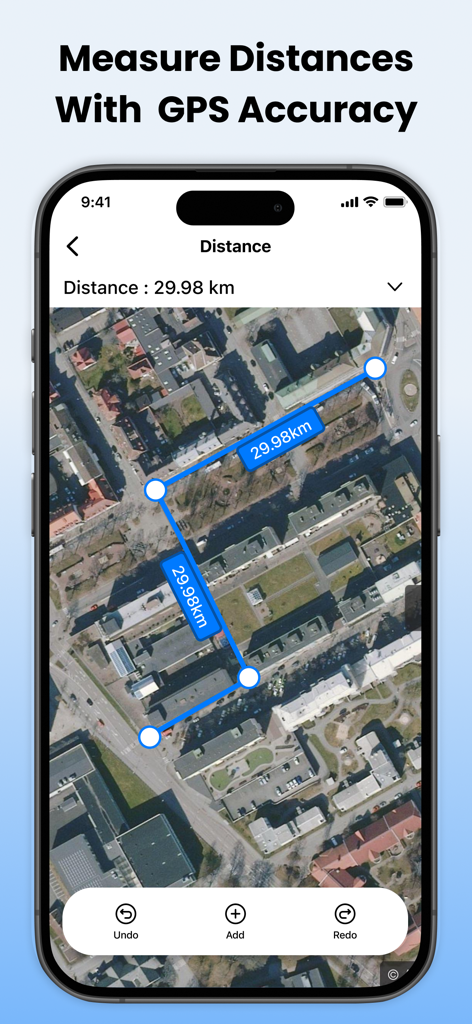A smartphone showing a satellite map view with blue markers and lines measuring a total distance of 29.98 km