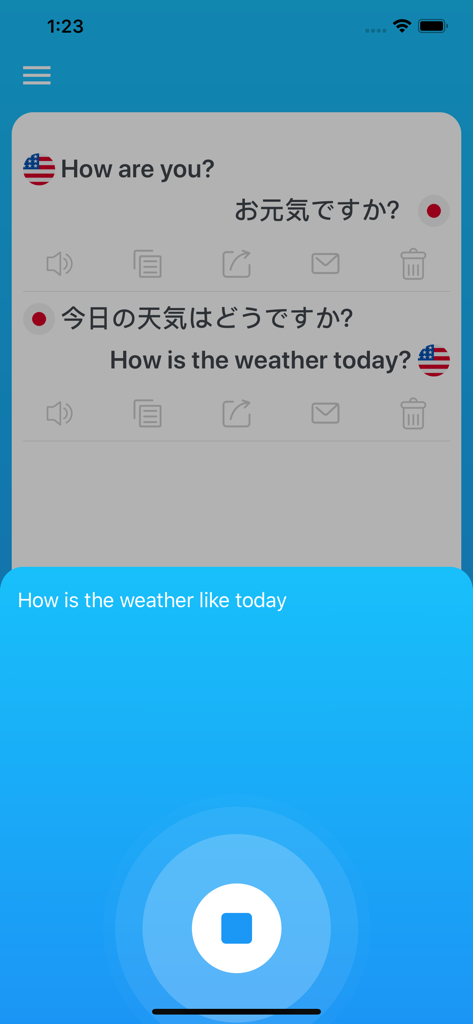 Voice Translation Lite - Voice Translation Lite app interface showing English to Japanese translation