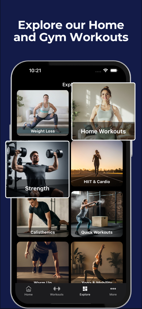 LoadMuscle: AI Workout Planner - LoadMuscle app screen showing various home and gym workout categories like strength weight loss and calisthenics