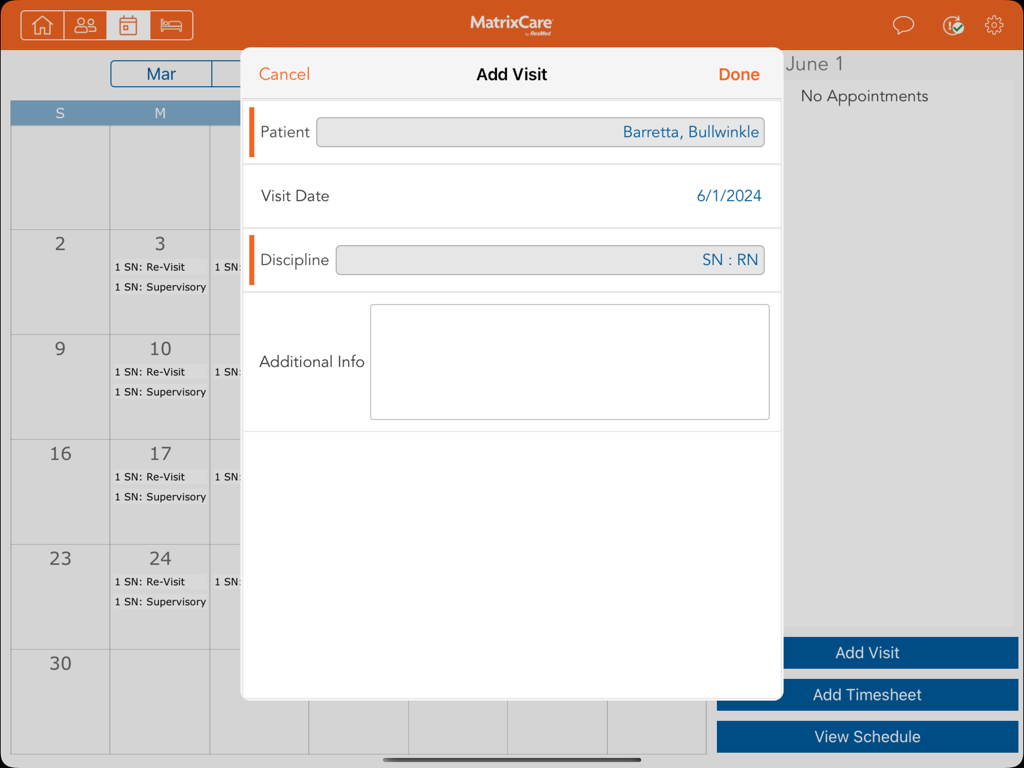 MatrixCare Clinical app interface showing an Add Visit modal with fields for patient name visit date and discipline over a calendar view