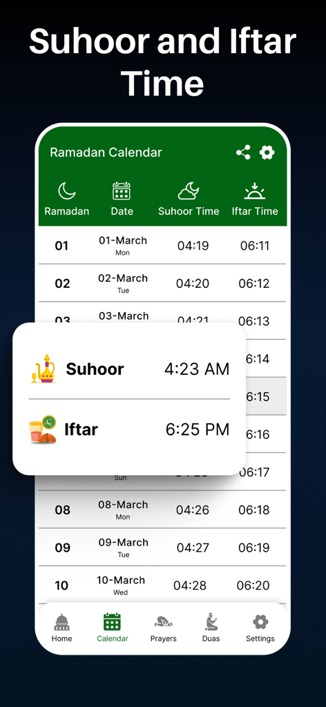 Ramadan Calendar 2025 Pro - Ramadan Calendar 2025 Pro app showing Suhoor and Iftar timings for the month.
