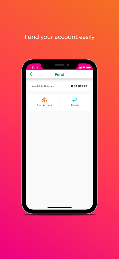 Interface of the OM Money Account app showing the fund account and transfer options with an available balance in South African Rand