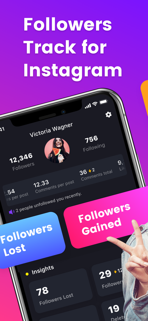 Ig Followers Reports - Ig Followers Reportsのモバイルアプリインターフェースで、Instagramのフォロワー数と、獲得および失われたフォロワーの分析が表示されています