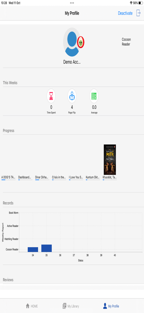 E-Sentral - E-Sentral app profile page displaying reading analytics and weekly book progress