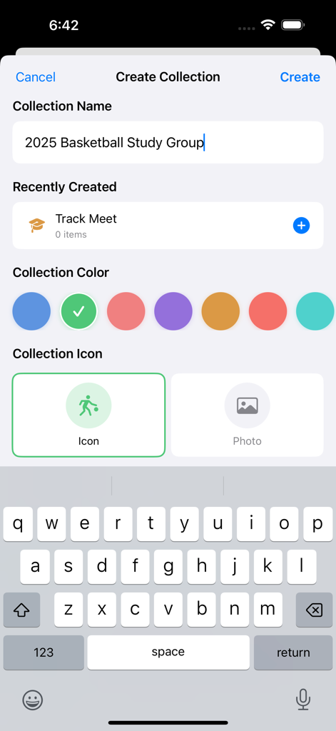 NFHS Digital - The Create Collection screen in the NFHS Digital app showing customization options for rulebook study groups including name, color, and icon.