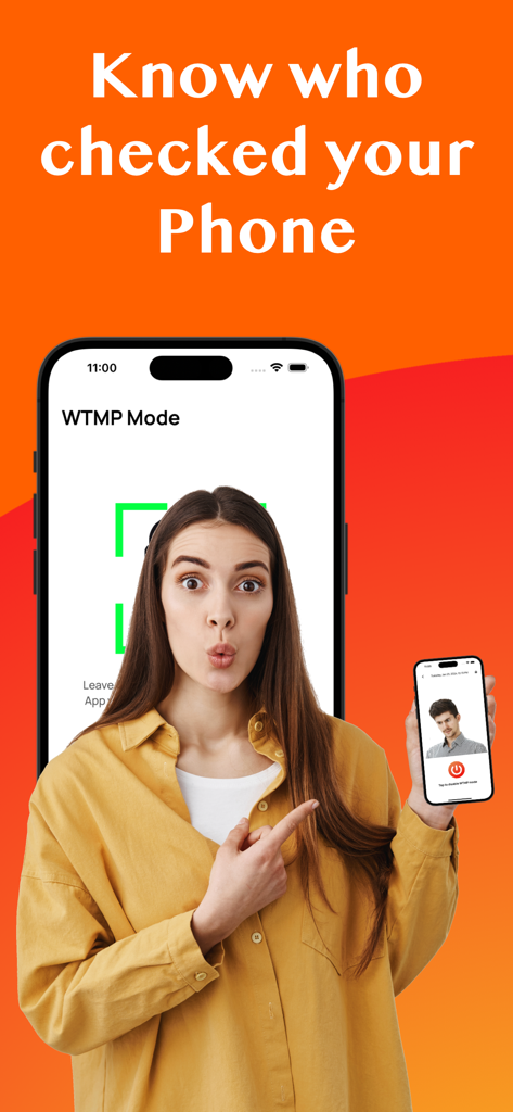 WTMP | Who Touched My Phone? - A woman pointing to an intruder photo report on the WTMP Who Touched My Phone app screen