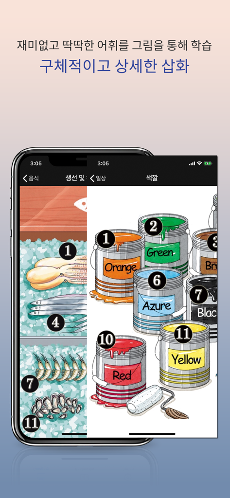 Multilingual Picture DIC - Una pantalla de aplicación móvil mostrando vocabulario ilustrado para mariscos y colores de pintura en varios idiomas.
