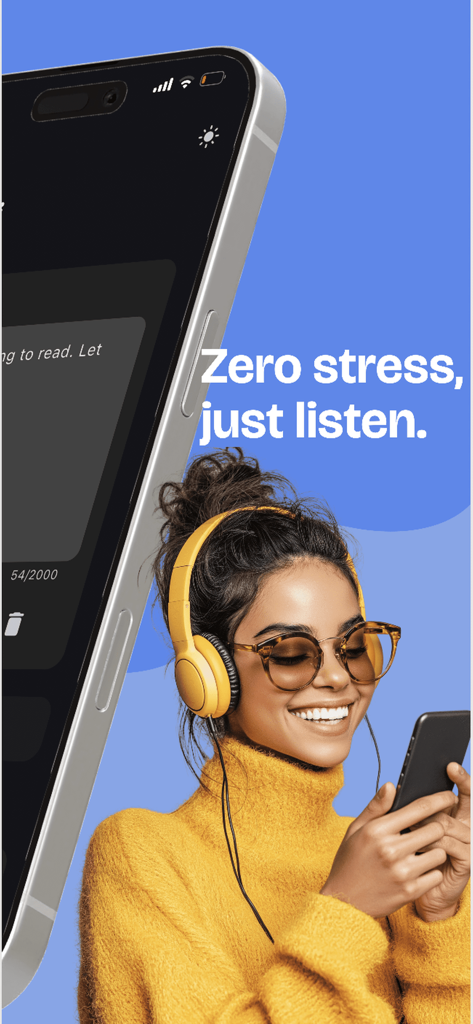 mimi - Dyslexia TTS - A smiling woman wearing yellow headphones using the mimi text to speech app for effortless listening