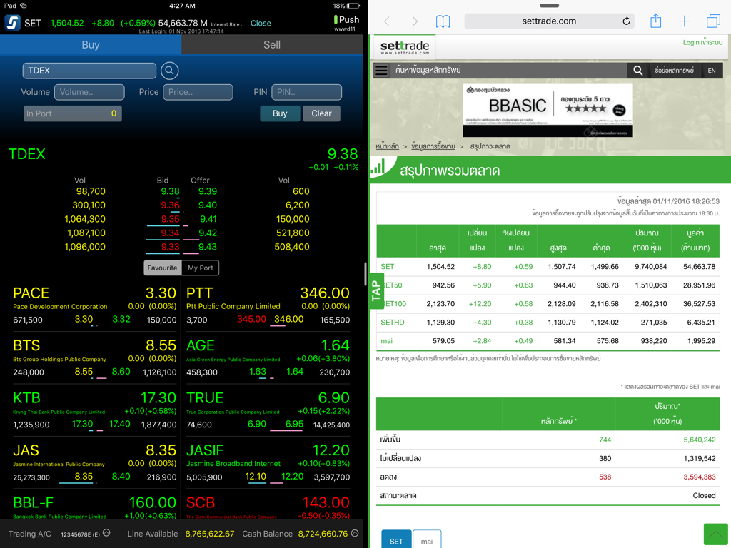 Streaming for iPad - Vista dividida en iPad que muestra la aplicación de trading Streaming junto con un navegador web con datos de resumen del mercado