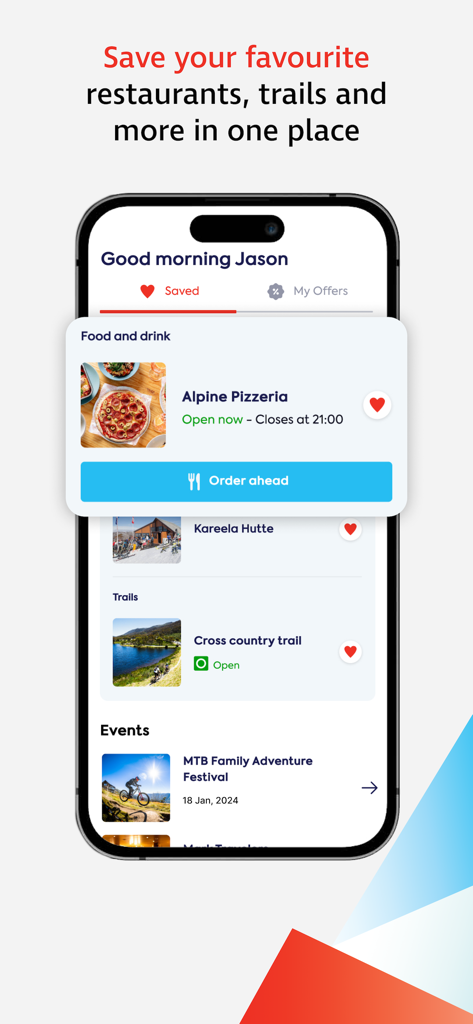 Thredbo Resort app interface showing saved restaurants trails and events with mobile ordering feature