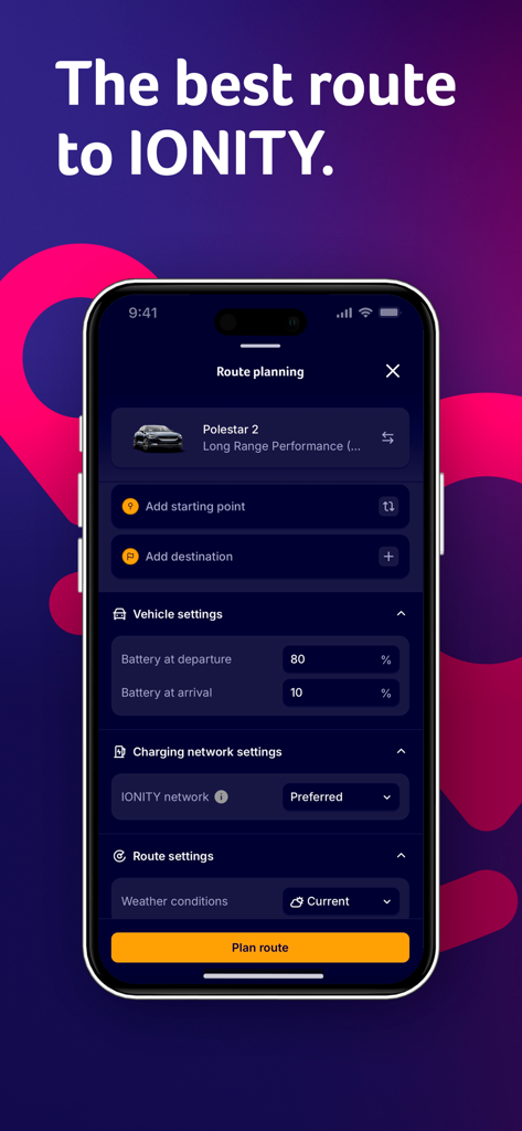 IONITY app route planning screen showing vehicle settings battery levels and destination fields for EV navigation