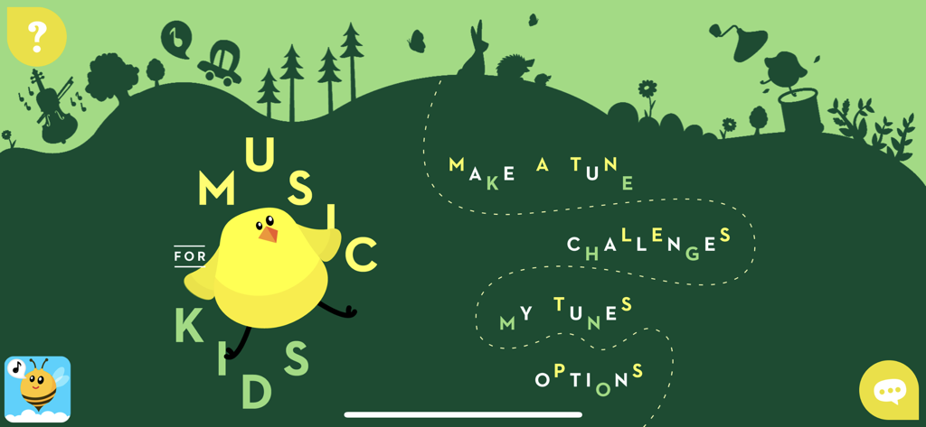 Music4Kids - Main menu of the Music4Kids app featuring a yellow bird character and musical game options on a green background