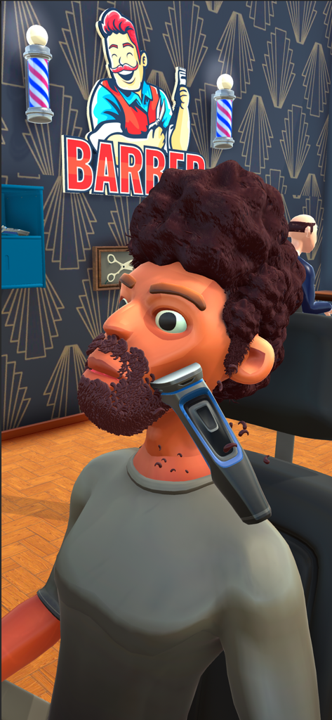 Fade Master 3D: Barber Shop - Un personaje recibiendo un recorte de barba con una afeitadora eléctrica en Fade Master 3D