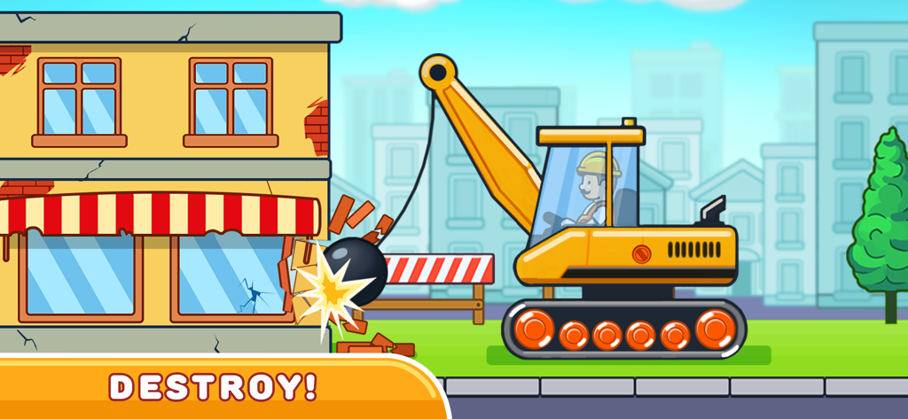 Yellow wrecking ball crane truck demolishing a building in a toddler game