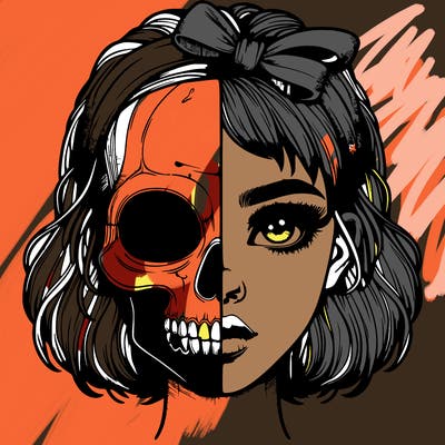 realistic girl with half skull mask