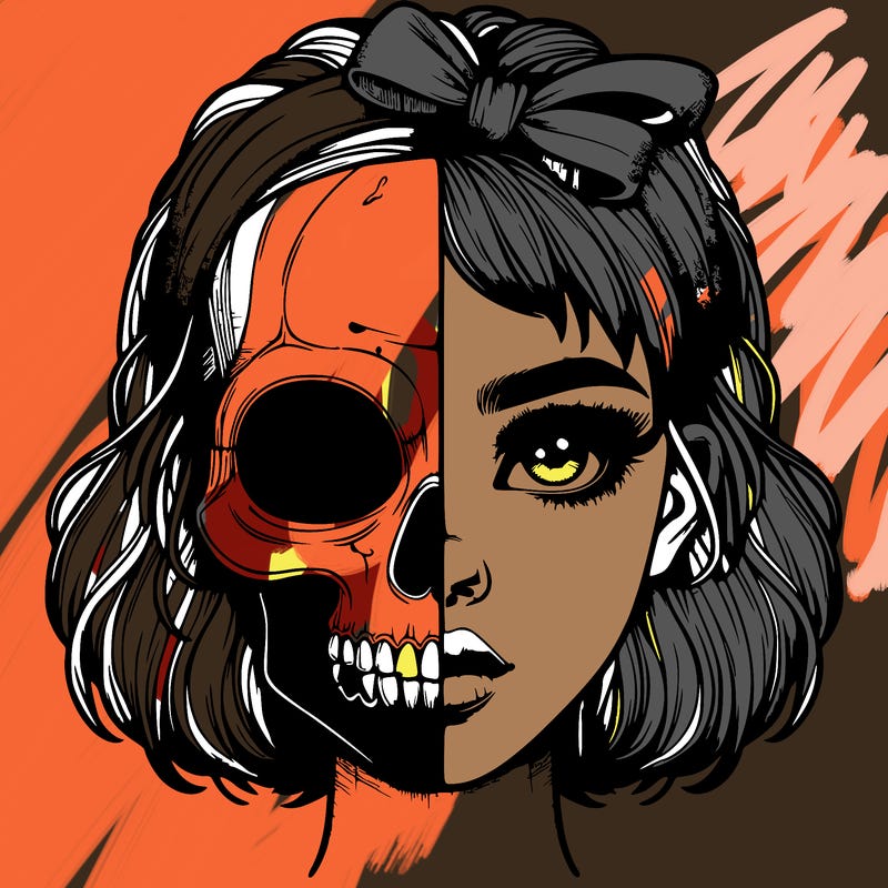 realistic girl with half skull mask