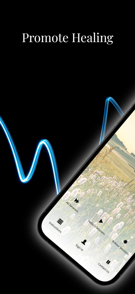 Evolutioner app interface displaying a blue sound frequency wave and the text Promote Healing