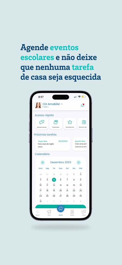 Escolaweb - A mobile interface of the Escolaweb app displaying a monthly calendar and upcoming school tasks for students and parents.