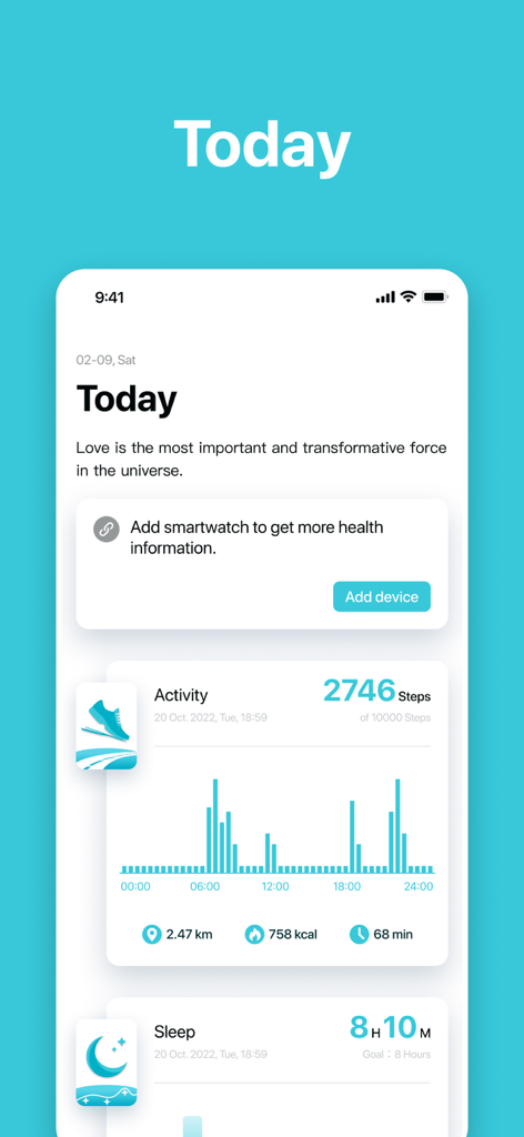 COLMI Fit - Dashboard of the COLMI Fit app showing daily activity steps and sleep duration tracker