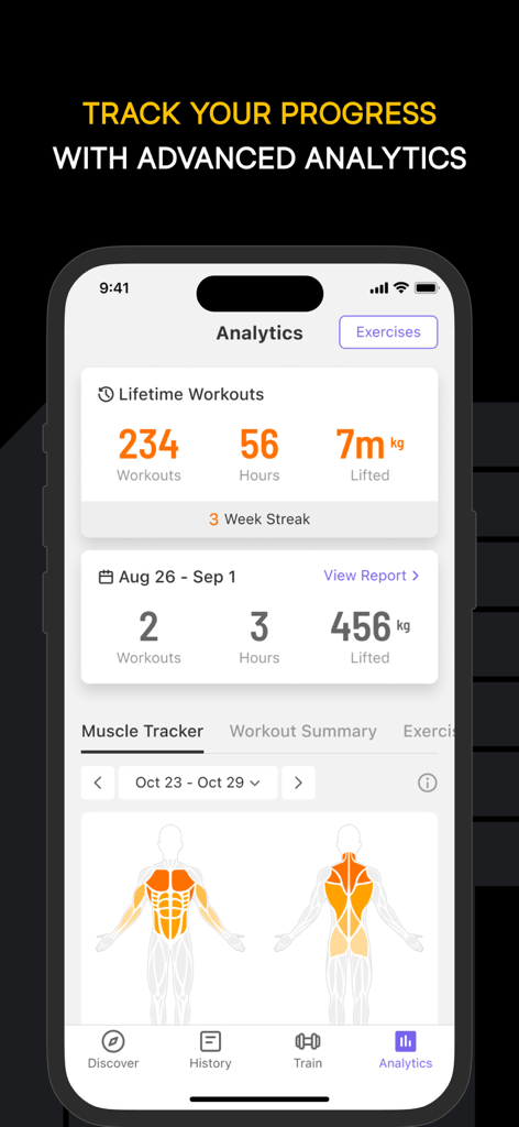 Boostcamp app analytics screen showing lifetime workout stats and a muscle tracker heat map