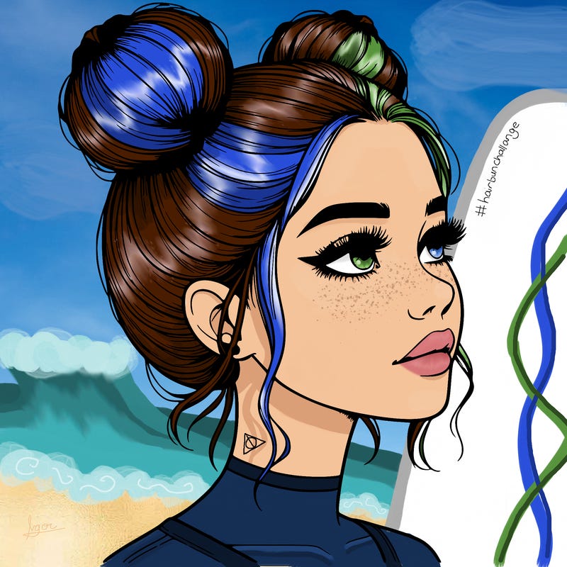 realistic girl with buns on the top of her head