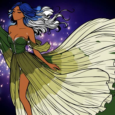 realistic woman in dress flowing the the wind