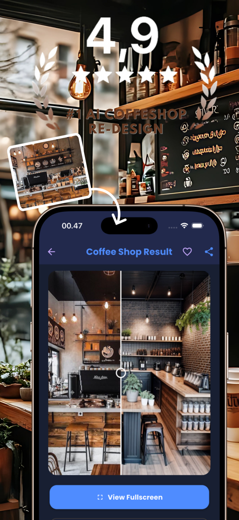 AI Coffee Shop Decorations - Mobile app interface showing an AI generated coffee shop interior redesign with a before and after comparison slider