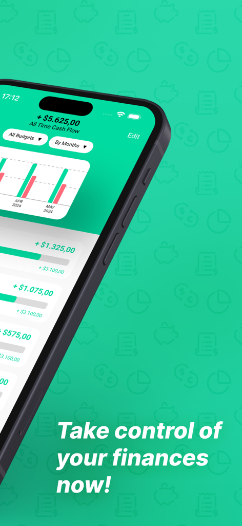 YBB Budgeting app interface on a smartphone showing cash flow analytics and a monthly spending chart