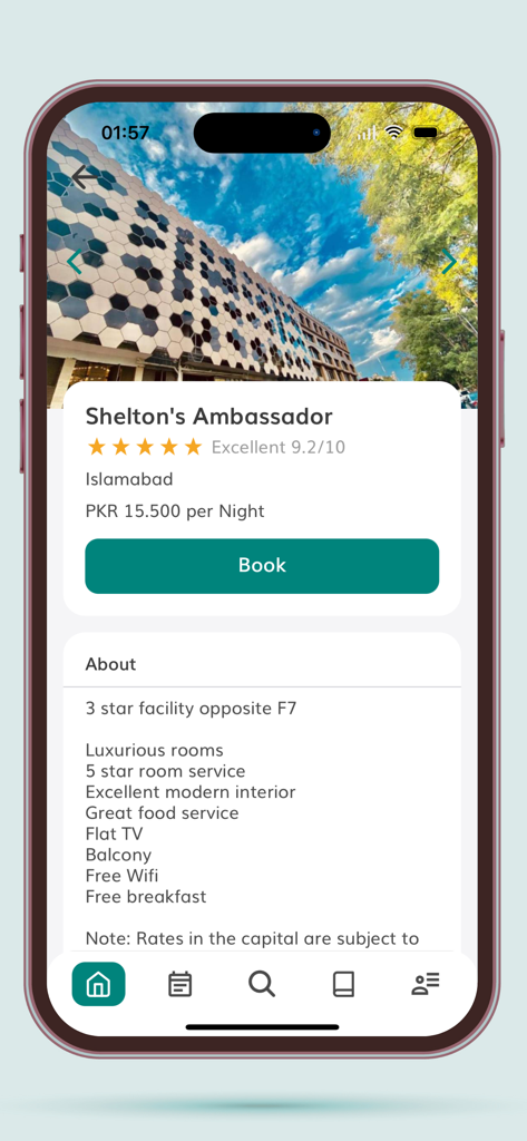 Porter Pakistan - Captura de tela do aplicativo Porter Paquistão mostrando a página de reserva de hotel para o Shelton's Ambassador em Islamabad