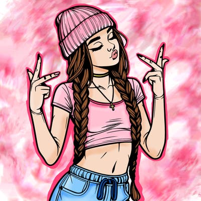 realistic teenage girl with braids and a beanie and crop top doing 🫶🏼