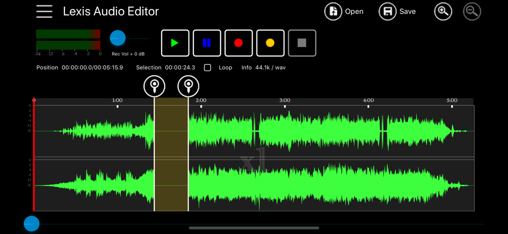 Lexis Audio Editorアプリのインターフェース。緑色のオーディオ波形と再生コントロールが表示されています。