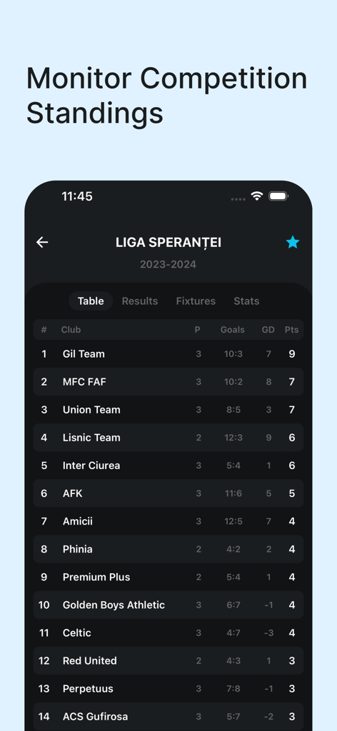 Turneo - A mobile screen showing amateur sports league standings and team rankings in the Turneo app.