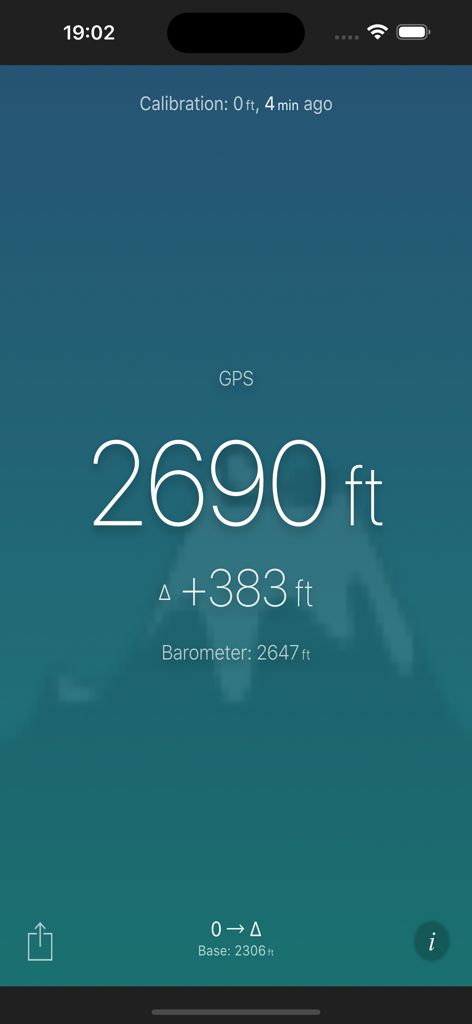 Altimeter (Barometer) - Interface of the Altimeter app displaying GPS altitude and barometric elevation gain in feet
