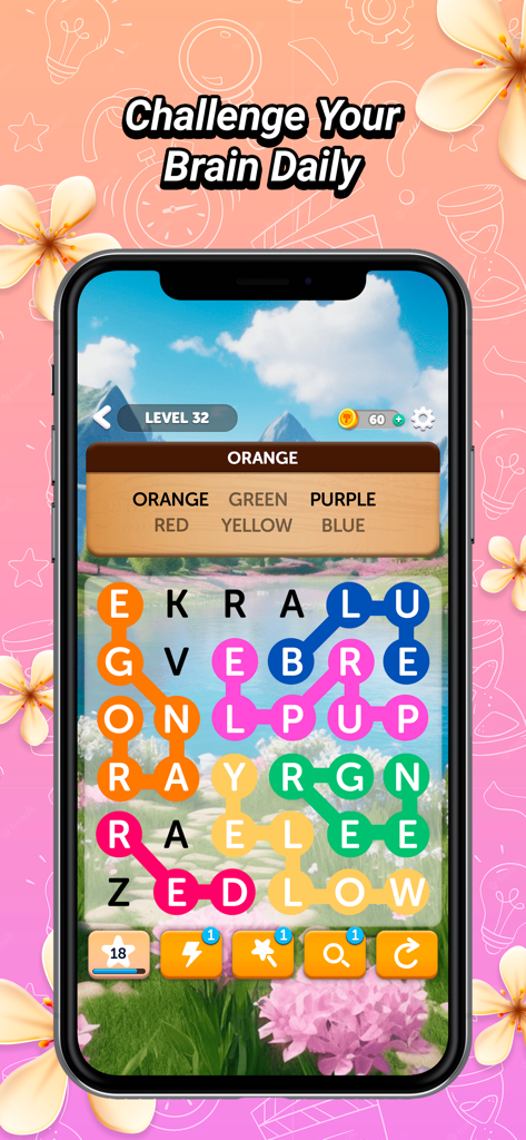 A screenshot of the Word Weave game showing a zig zag word search puzzle with a nature background