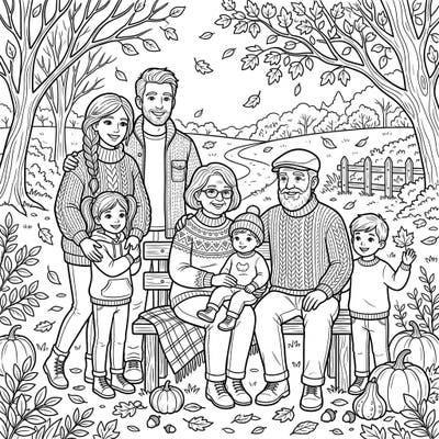 Celebrate the joy of family and the beauty of autumn with this heartwarming coloring page. Featuring a multi-generational family in cozy sweaters amidst fall foliage, it's perfect for all ages to enjoy.