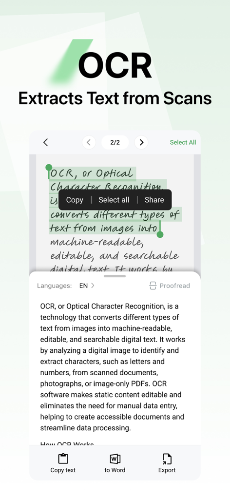 Lens pdf scanner: jpg to pdf - Interface of Lens PDF Scanner app showing OCR feature extracting text from a scanned document into editable digital text