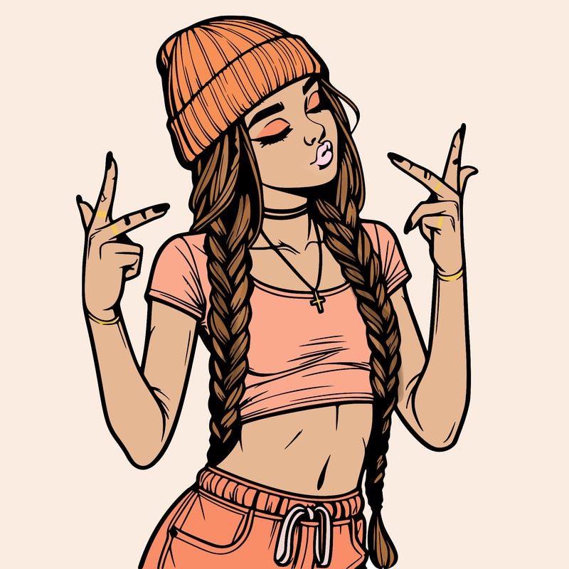 realistic teenage girl with braids and a beanie and crop top doing 🫶🏼