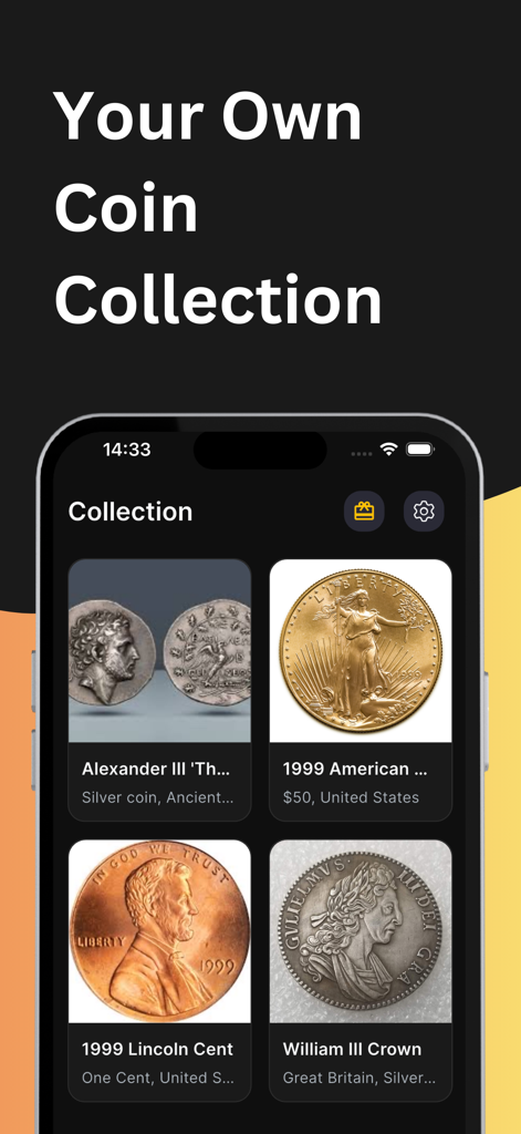 다양한 금화 및 은화의 저장된 컬렉션과 식별 세부 정보를 보여주는 모바일 앱 인터페이스.