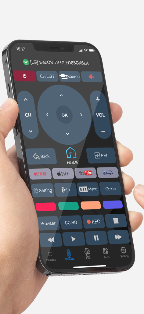 Smart TV Remote Universal - Mano sosteniendo un iPhone con una interfaz de aplicación de control remoto universal para TV inteligente para un televisor LG webOS.