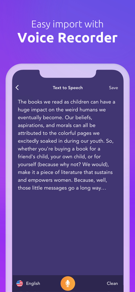 Text To Speech: Natural Voices - Mobile app interface showing the easy import with voice recorder feature for speech to text conversion.