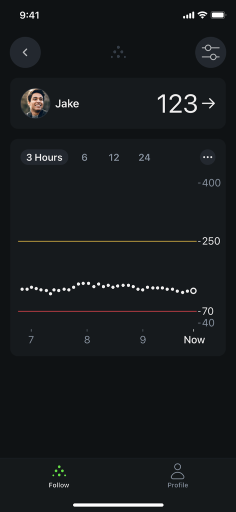 Dexcom Follow - Interfaccia dell'app Dexcom Follow che mostra un livello di glucosio di 123 e un grafico delle tendenze di tre ore.