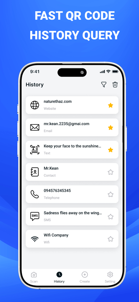 History screen of iQR Scanner Pro app displaying a list of previously scanned QR codes including websites, emails, and contacts.